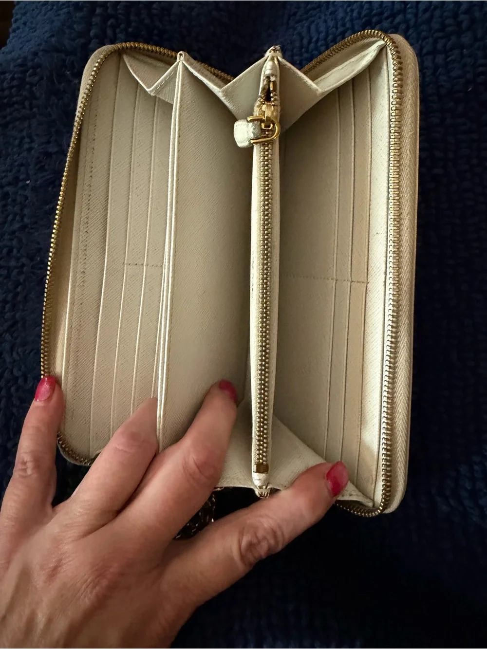 PRADA White Saffiano Leather Long Zippy Wallet w/Unbranded Gold Wristlet Chain